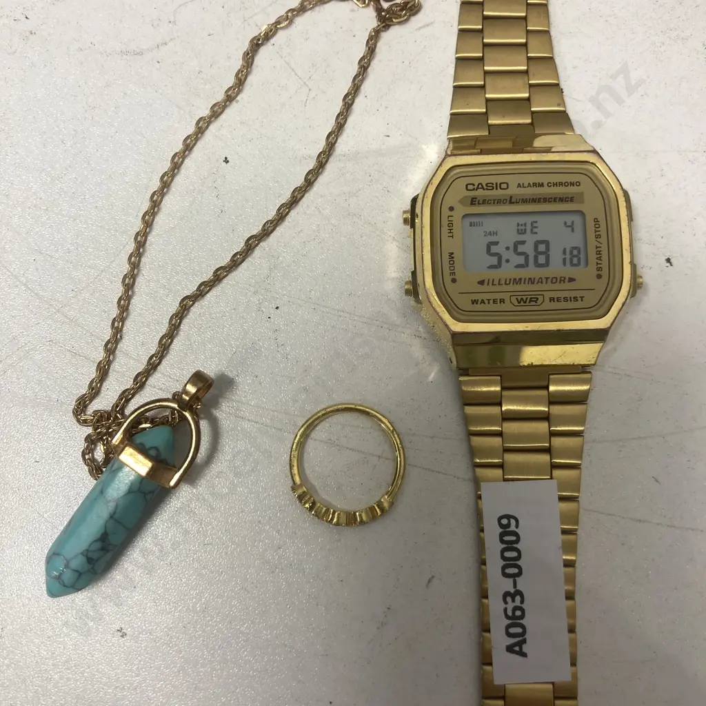 Turquoise Hexagonal Prism Pendant, Gold Plated Ring With 5 Stones Stamped 925, Casio A168 Watch Image 1++