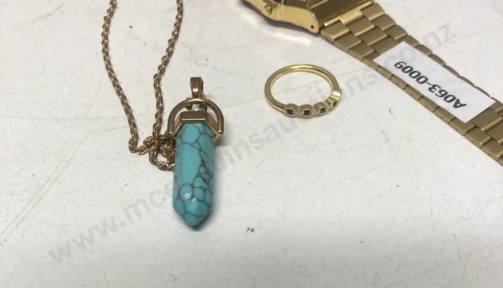Turquoise Hexagonal Prism Pendant, Gold Plated Ring With 5 Stones Stamped 925, Casio A168 Watch Image 1++