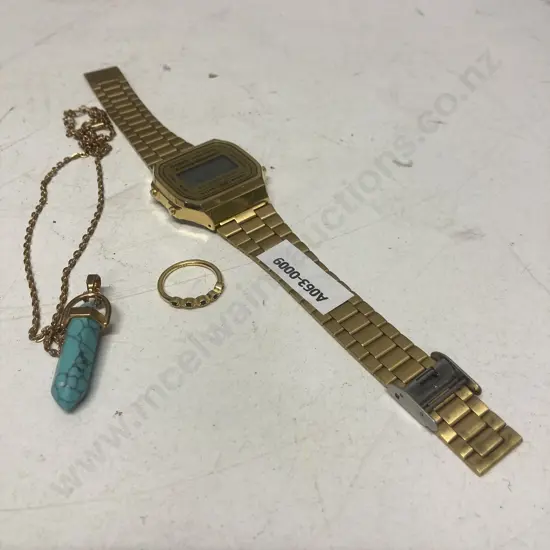 Turquoise Hexagonal Prism Pendant, Gold Plated Ring With 5 Stones Stamped 925, Casio A168 Watch