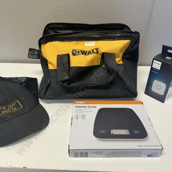 DeWalt Black & Yellow Toolbag, DTM Cap, Anko Kitchen Scales & Philips Hue Motion Sensor