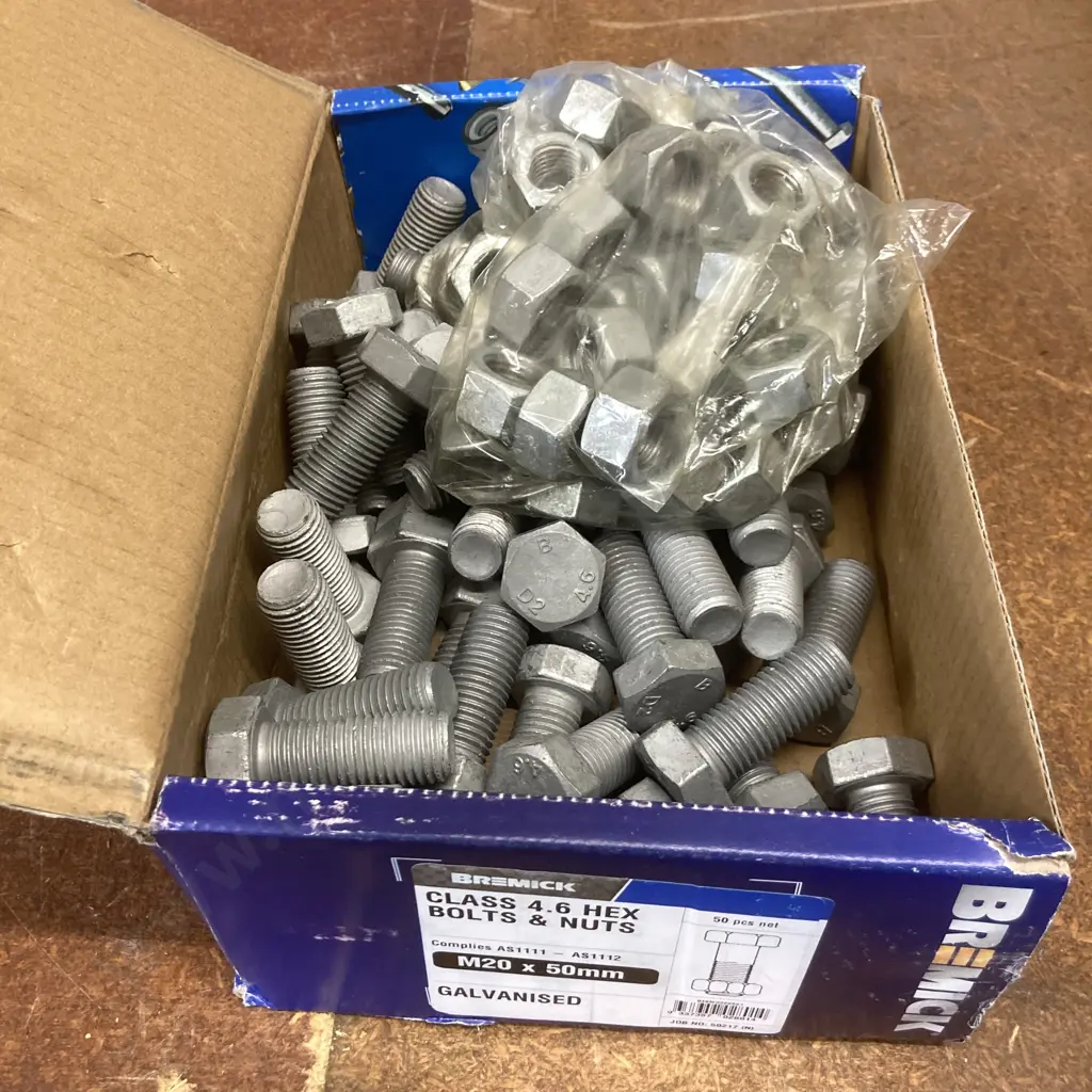 50 x Bremick Class 4.6 Hex Bolts & Nuts M20 x 50mm Galv Image 1++