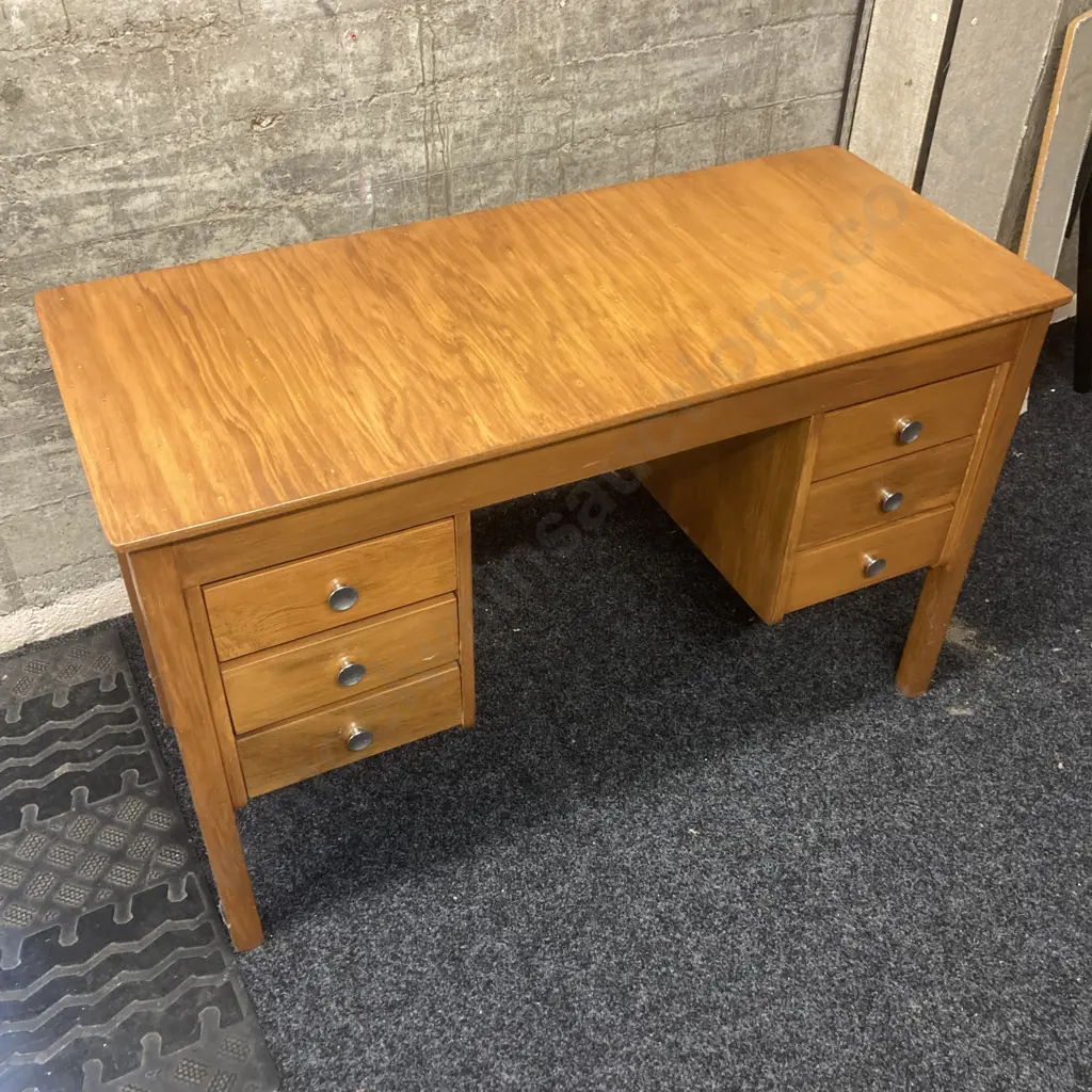 Vintage Wooden Students Desk, 6 Drawers, Original Handles. H74 W117 D52cm Image 1++