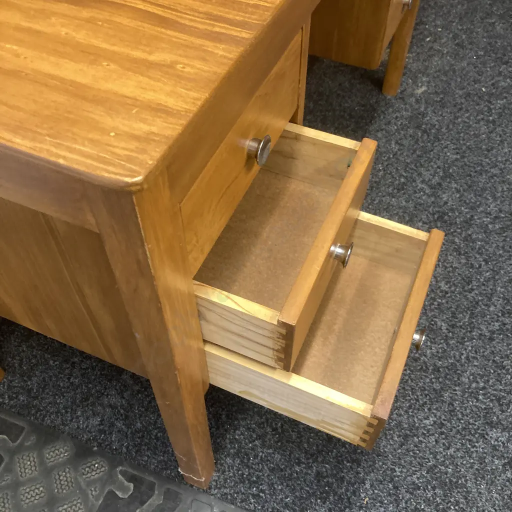 Vintage Wooden Students Desk, 6 Drawers, Original Handles. H74 W117 D52cm Image 1++