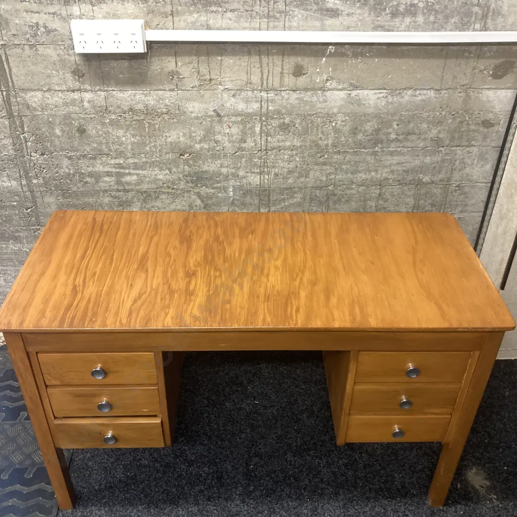 Vintage Wooden Students Desk, 6 Drawers, Original Handles. H74 W117 D52cm Image 1++