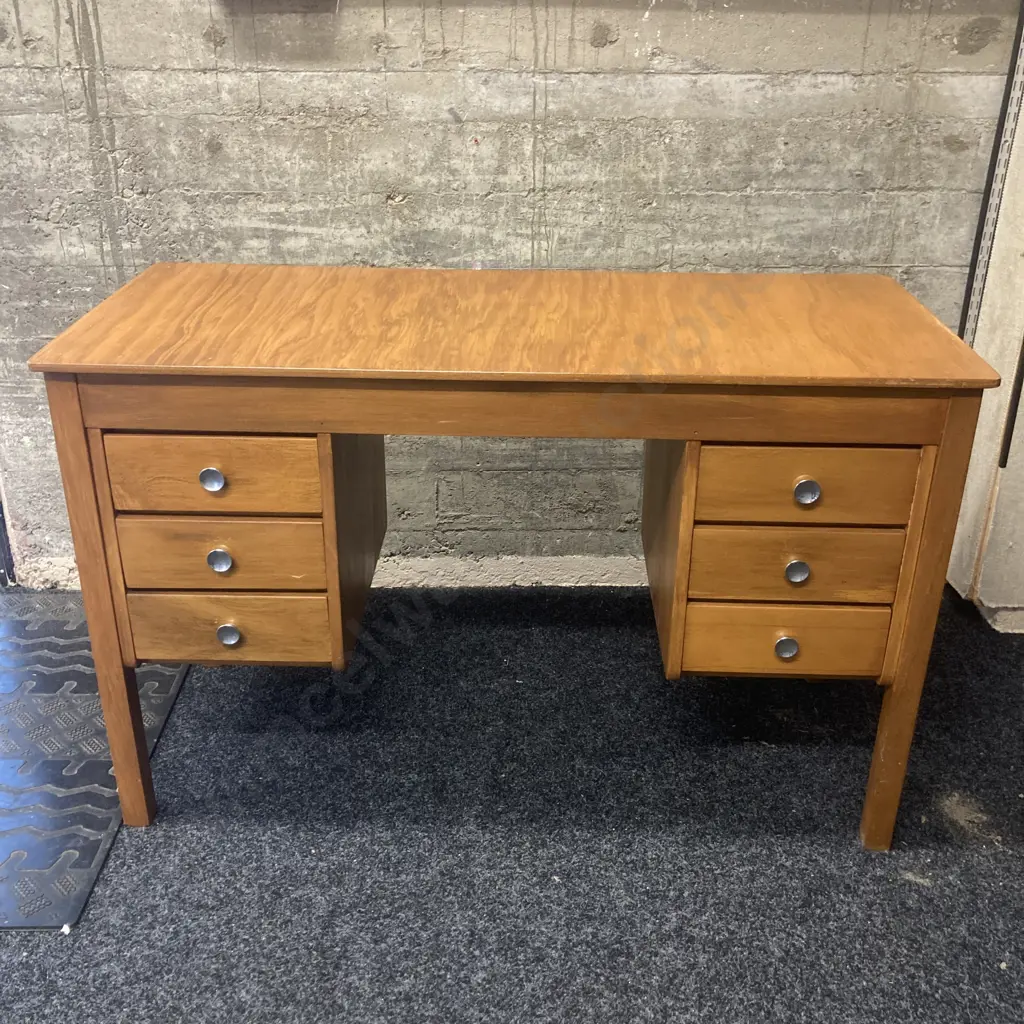Vintage Wooden Students Desk, 6 Drawers, Original Handles. H74 W117 D52cm Image 1++