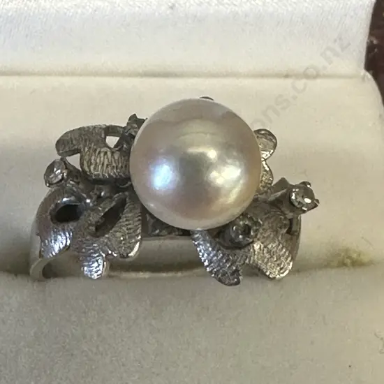 Vintage 14K White Gold & White Pearl Diamond Ring, Stamped 14K