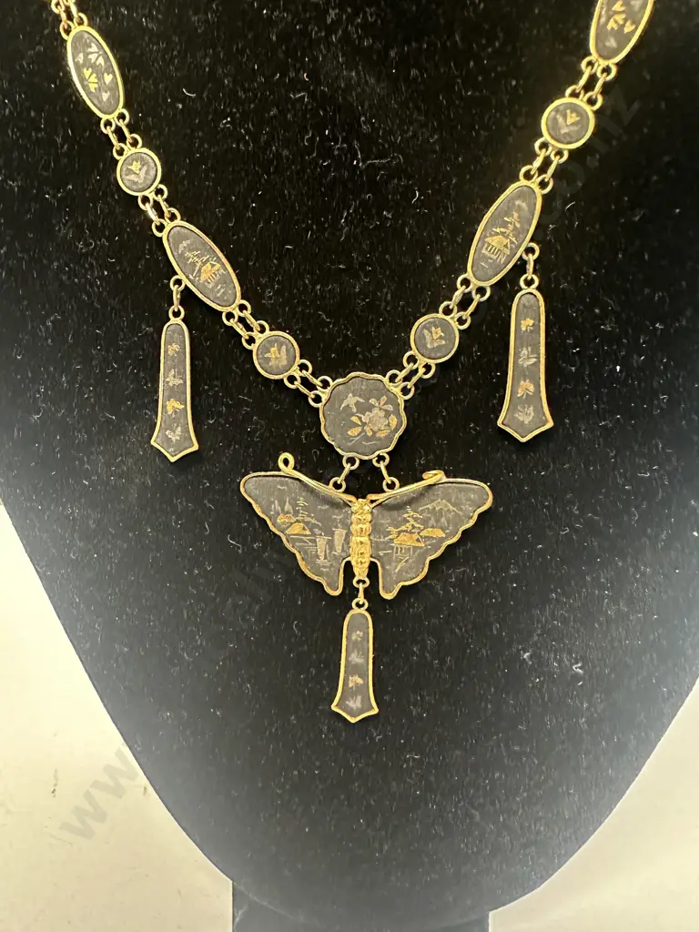 Vintage K24 Japanese Damascene Necklace Black Gold Butterfly Pendant Image 1++