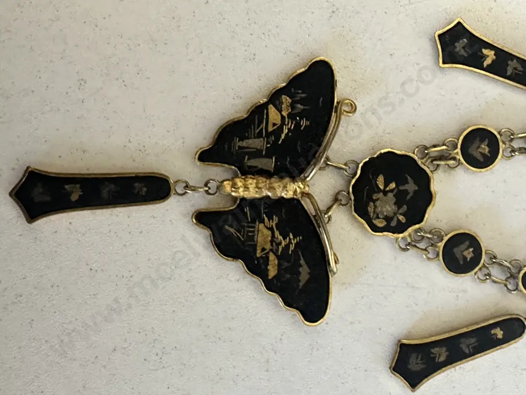 Vintage K24 Japanese Damascene Necklace Black Gold Butterfly Pendant Image 1++