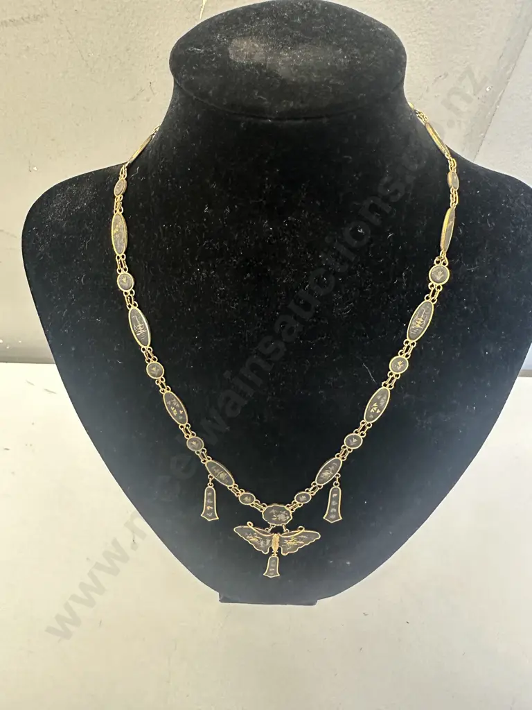 Vintage K24 Japanese Damascene Necklace Black Gold Butterfly Pendant Image 1++