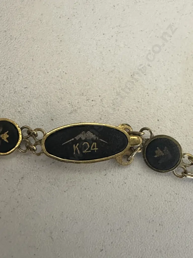 Vintage K24 Japanese Damascene Necklace Black Gold Butterfly Pendant Image 1++