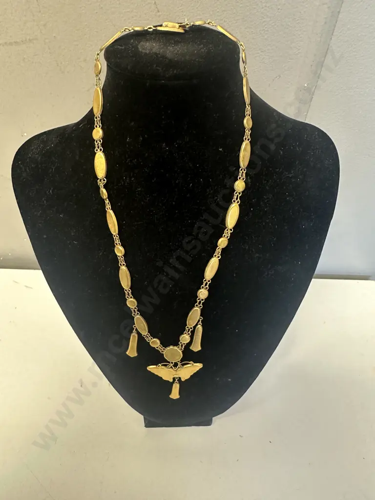Vintage K24 Japanese Damascene Necklace Black Gold Butterfly Pendant Image 1++