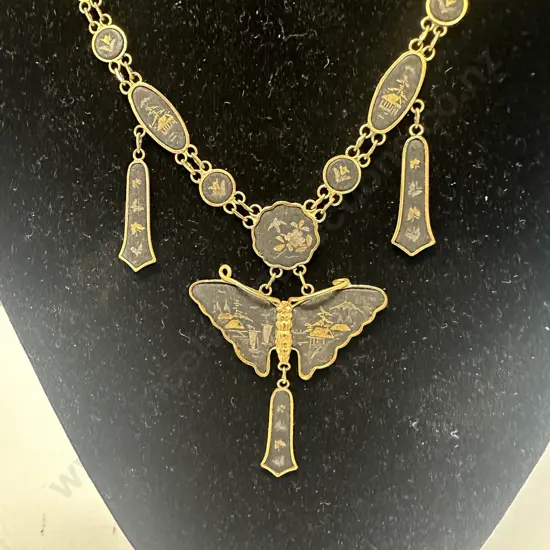 Vintage K24 Japanese Damascene Necklace Black Gold Butterfly Pendant