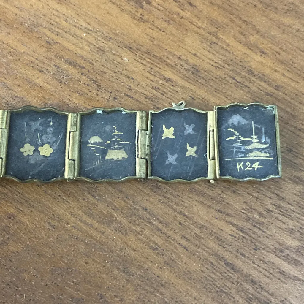 Vintage K24 Japanese Damascene Bracelet Black Gold Rectangular Panels Image 1++