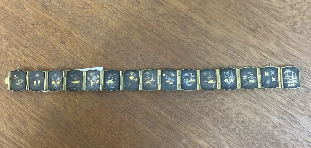 Vintage K24 Japanese Damascene Bracelet Black Gold Rectangular Panels Image 1++