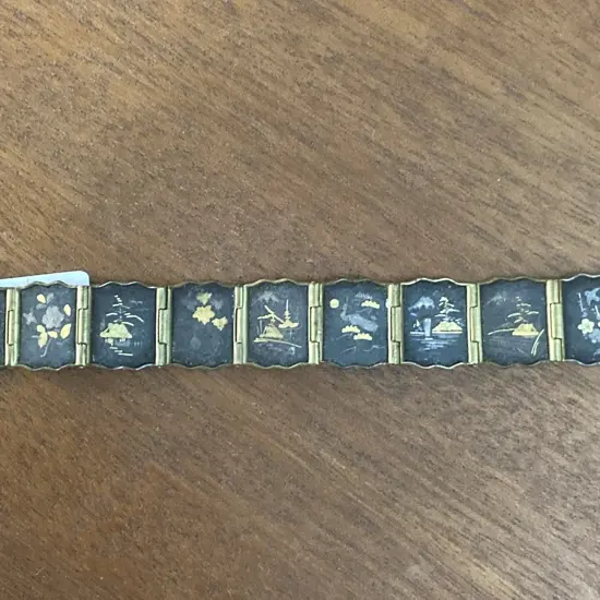 Vintage K24 Japanese Damascene Bracelet Black Gold Rectangular Panels