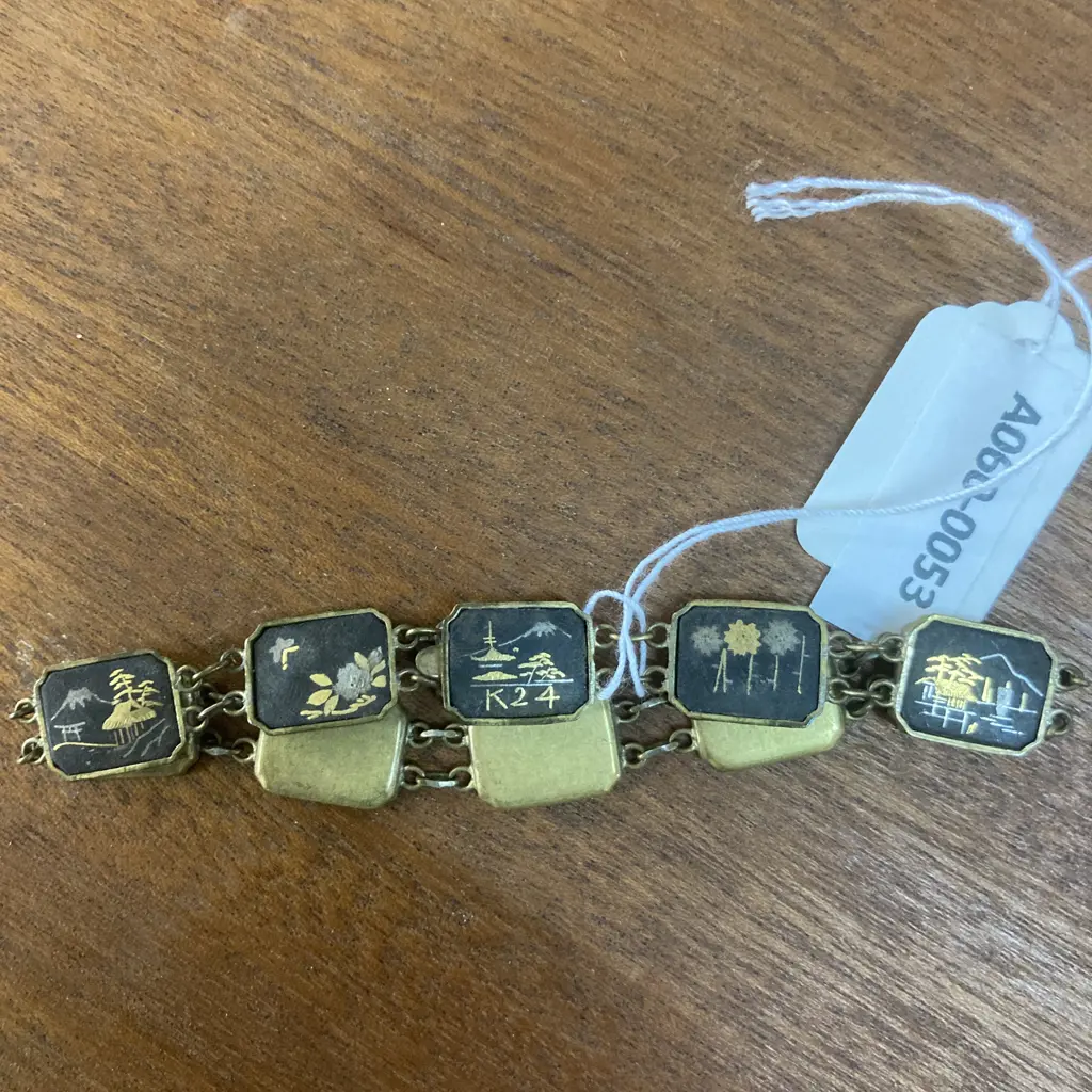 Vintage K24 Japanese Damascene Bracelet Black Gold Square Panels Double Linked Image 1++