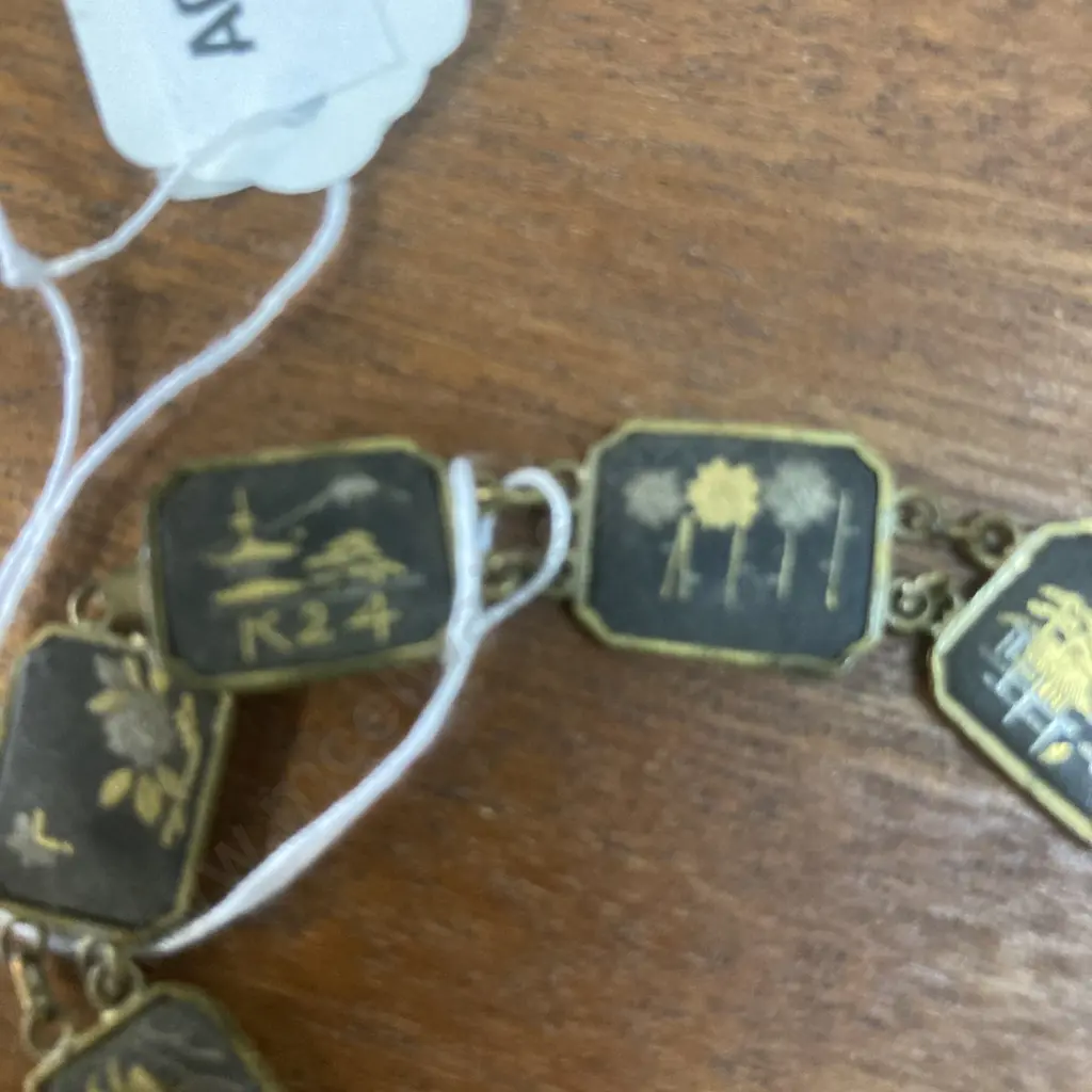 Vintage K24 Japanese Damascene Bracelet Black Gold Square Panels Double Linked Image 1++