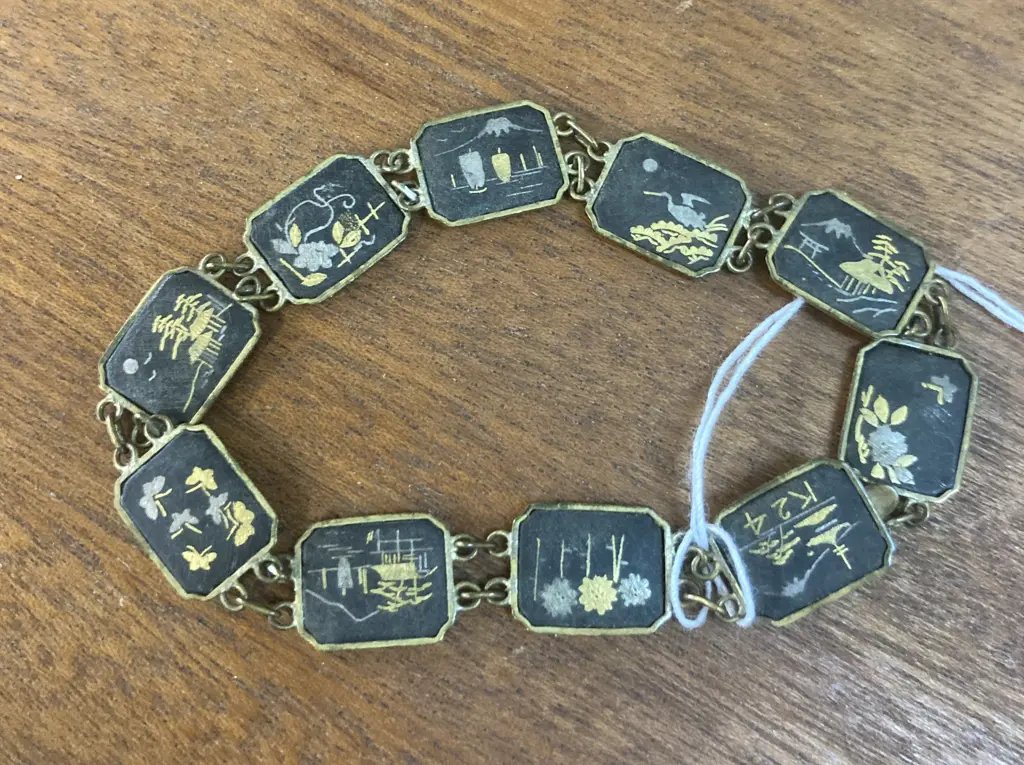 Vintage K24 Japanese Damascene Bracelet Black Gold Square Panels Double Linked Image 1++