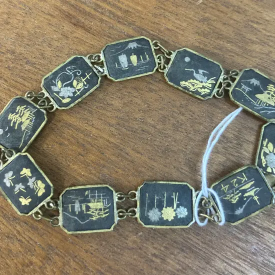 Vintage K24 Japanese Damascene Bracelet Black Gold Square Panels Double Linked