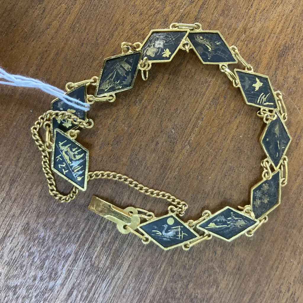 Vintage K24 Japanese Damascene Bracelet Black Gold Double Linked Diamond Shape Panels With Safety Chain Image 1++