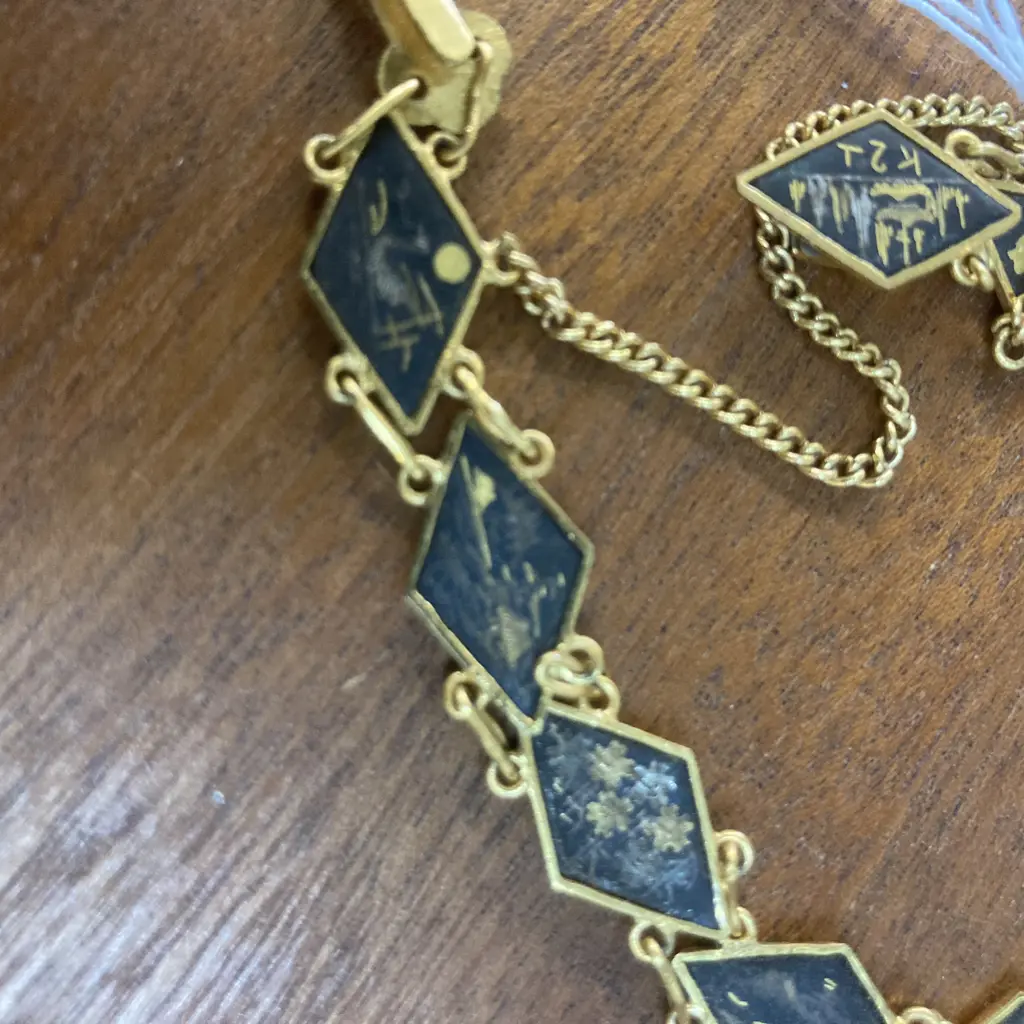 Vintage K24 Japanese Damascene Bracelet Black Gold Double Linked Diamond Shape Panels With Safety Chain Image 1++