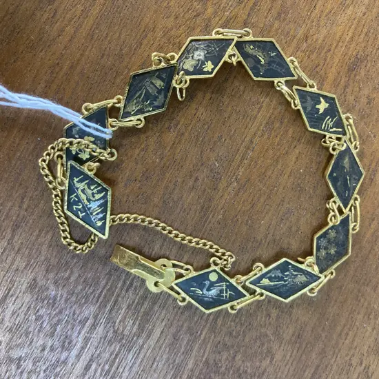 Vintage K24 Japanese Damascene Bracelet Black Gold Double Linked Diamond Shape Panels With Safety Chain