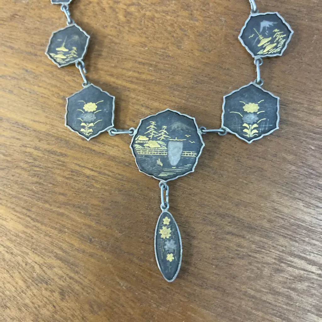 Vintage Japanese Silver & Gold Damascene Pendant Necklace Image 1++