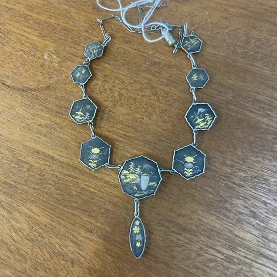 Vintage Japanese Silver & Gold Damascene Pendant Necklace