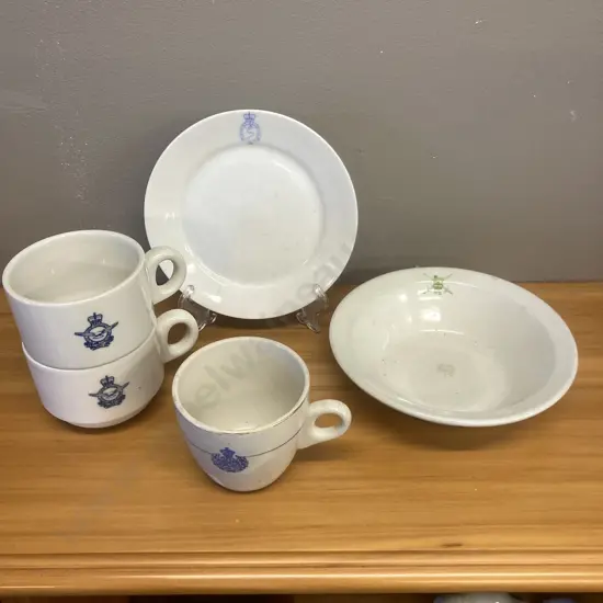 Crown Lynn RNZAF Demitasse Cup. Bristile Fine China NZ Army Bowl, Pair of RNZAF Cups, RNZN Plate