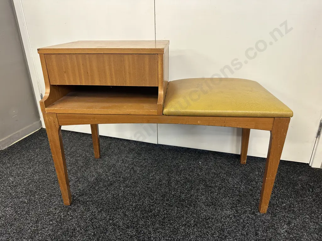 Mid Century Single Drawer Telephone Table With Gold Coloured Upholstered Seat H63,W83,D41cm. Image 1++