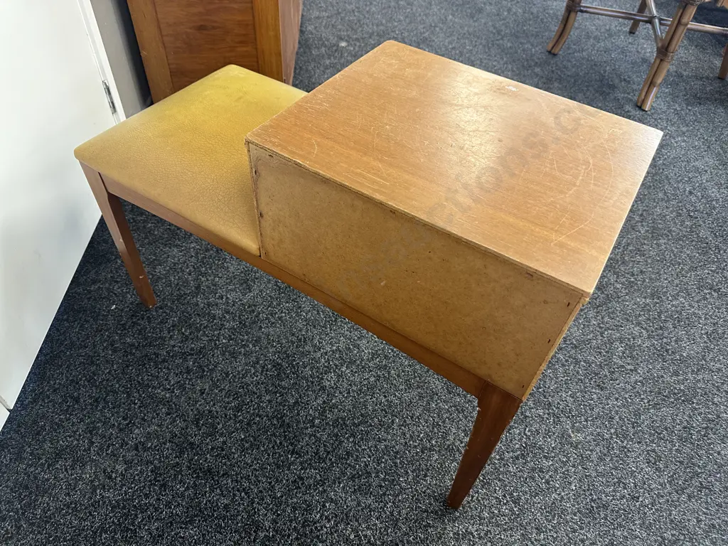 Mid Century Single Drawer Telephone Table With Gold Coloured Upholstered Seat H63,W83,D41cm. Image 1++