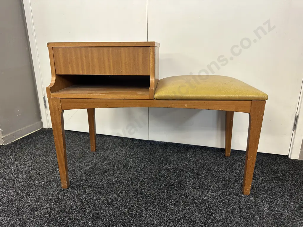 Mid Century Single Drawer Telephone Table With Gold Coloured Upholstered Seat H63,W83,D41cm. Image 1++