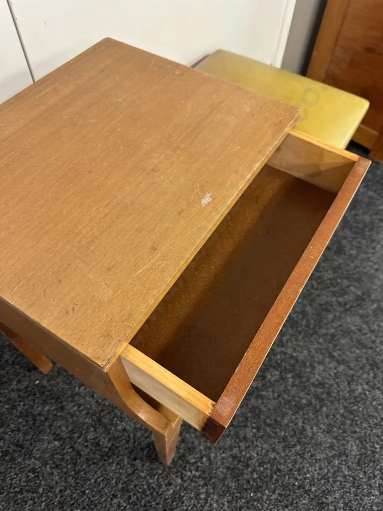 Mid Century Single Drawer Telephone Table With Gold Coloured Upholstered Seat H63,W83,D41cm. Image 1++