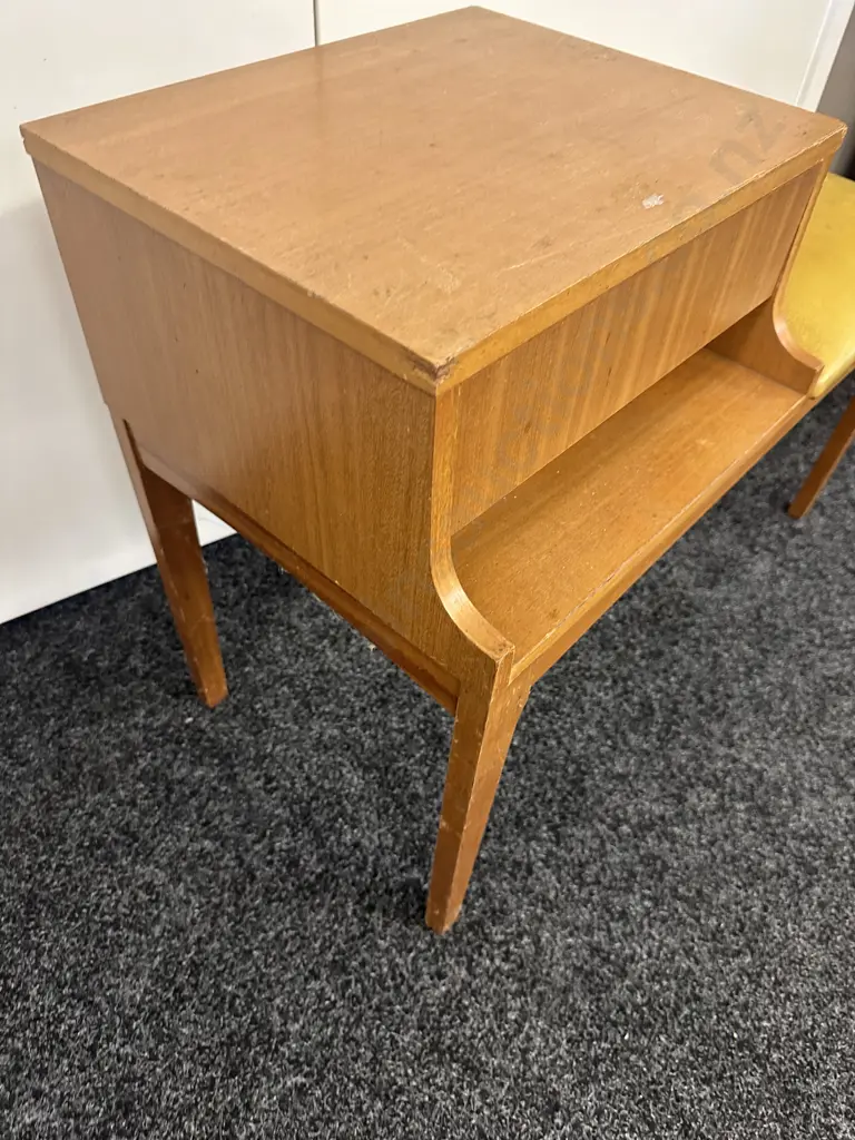 Mid Century Single Drawer Telephone Table With Gold Coloured Upholstered Seat H63,W83,D41cm. Image 1++