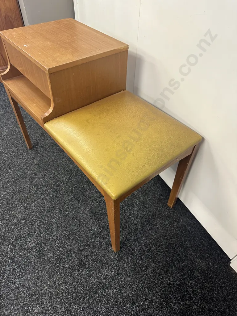 Mid Century Single Drawer Telephone Table With Gold Coloured Upholstered Seat H63,W83,D41cm. Image 1++