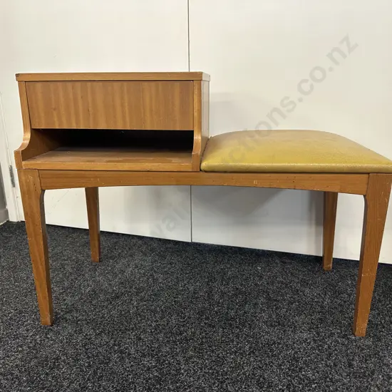 Mid Century Single Drawer Telephone Table With Gold Coloured Upholstered Seat H63,W83,D41cm.