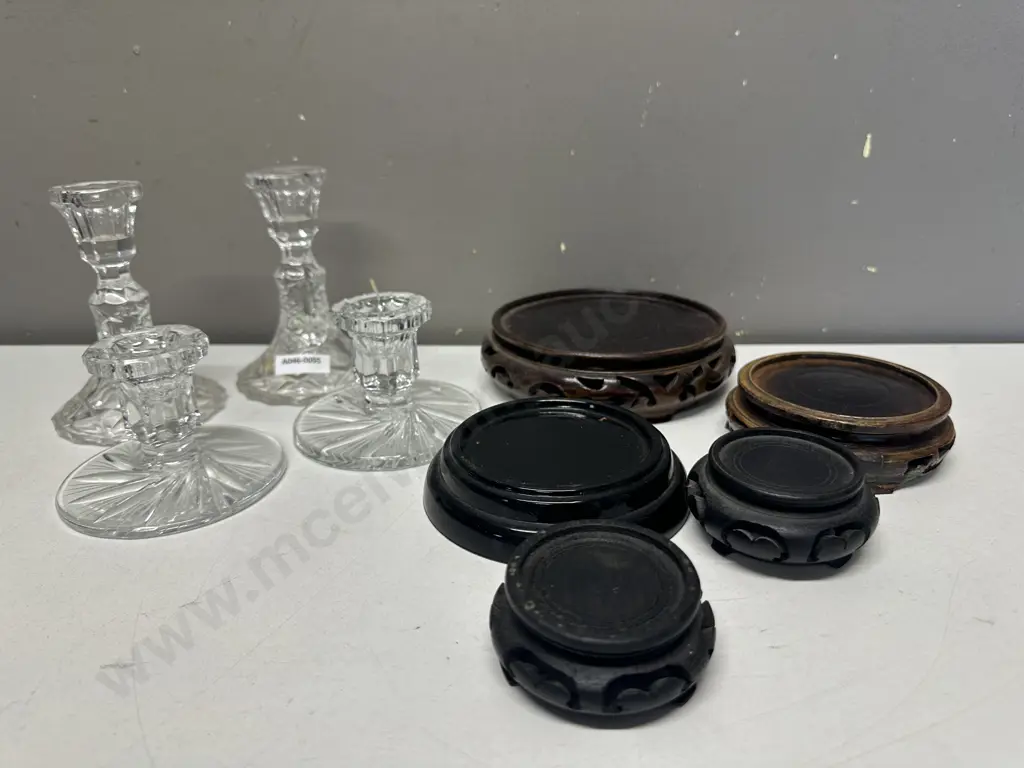 Selection Of Vintage Cut Glass Candle Holders & Wooden Plinths Image 1++