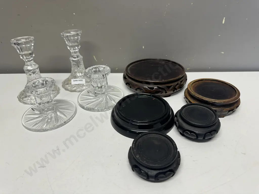 Selection Of Vintage Cut Glass Candle Holders & Wooden Plinths Image 1++