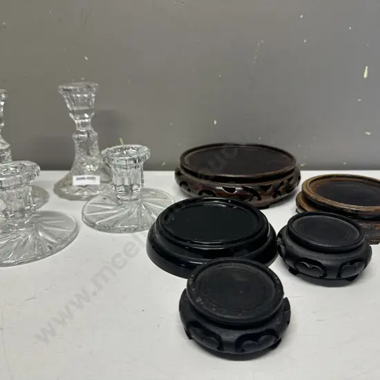 Selection Of Vintage Cut Glass Candle Holders & Wooden Plinths