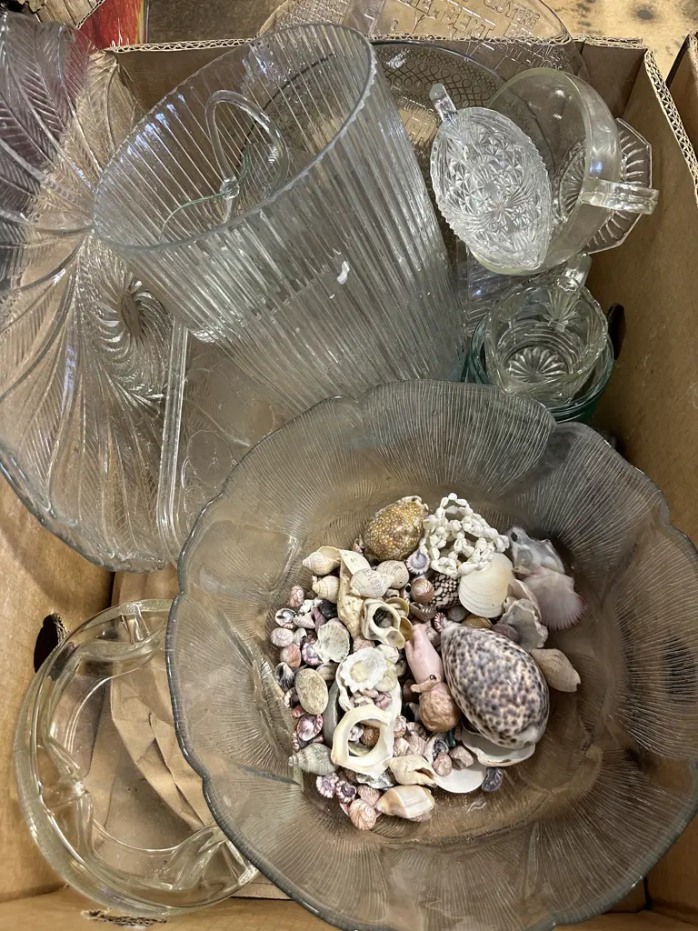 Box Of Vintage Glassware And Assorted Shells Image 1++