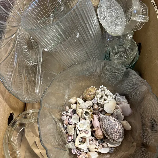 Box Of Vintage Glassware And Assorted Shells