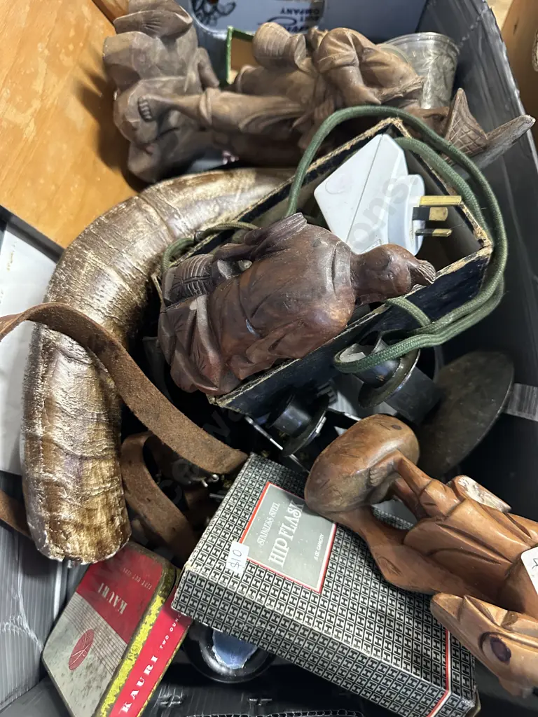 Box Of Vintage Items Including Hip Flask, Horn Etc Image 1++