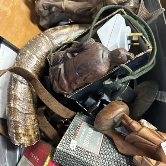 Box Of Vintage Items Including Hip Flask, Horn Etc