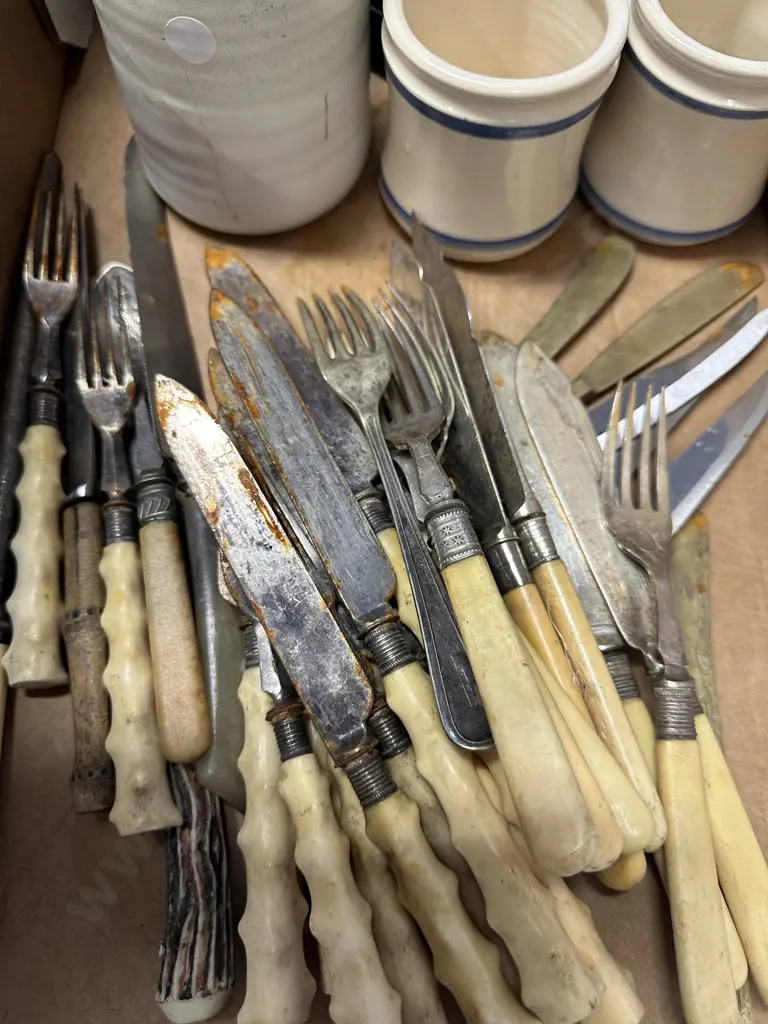 Selection Of Stone Ware Pots & Fish Cutlery Image 1++