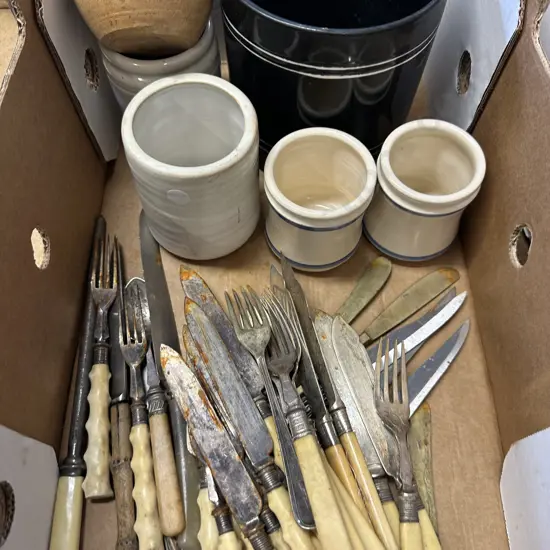 Selection Of Stone Ware Pots & Fish Cutlery