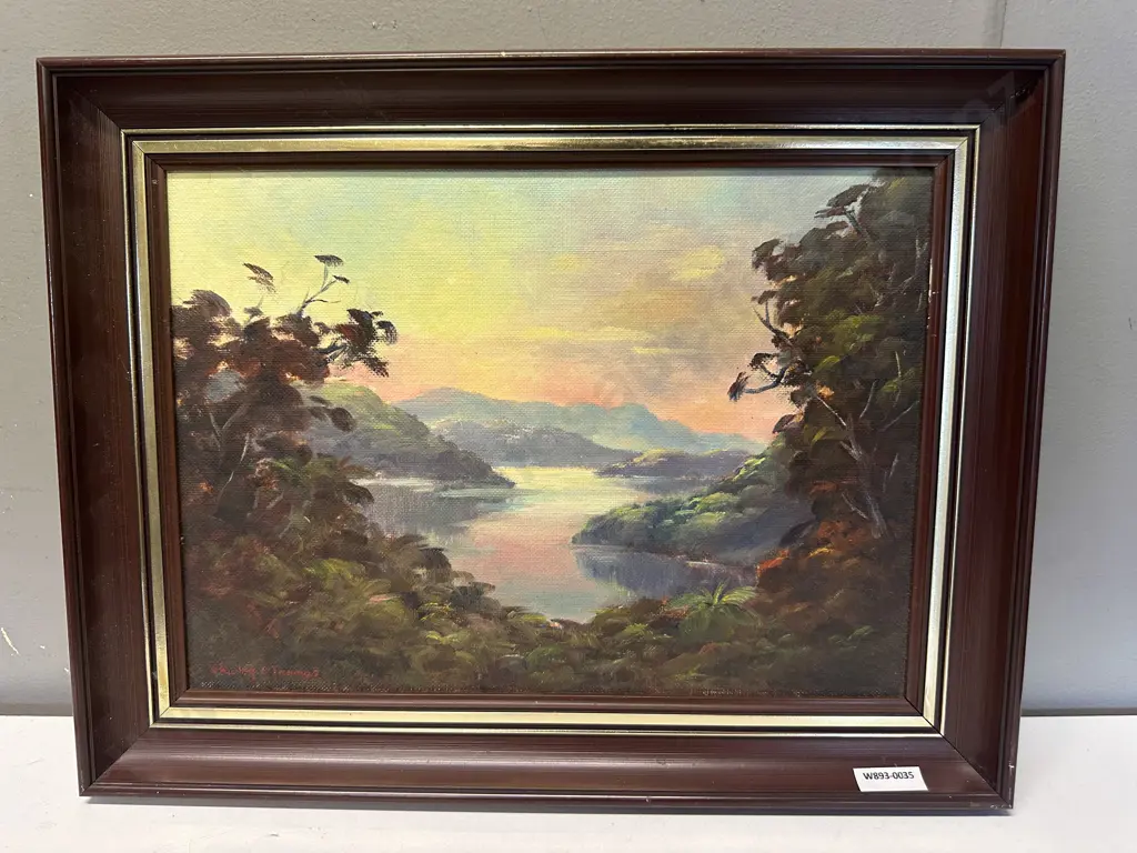 Shirley A. Thomas 'Evening' Marlborough Sounds 1985, Oil on Board, Signed, Framed. 33 x 43cm Image 1++