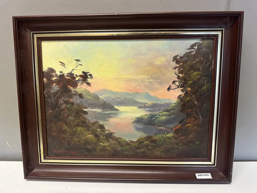 Shirley A. Thomas 'Evening' Marlborough Sounds 1985, Oil on Board, Signed, Framed. 33 x 43cm Image 1++