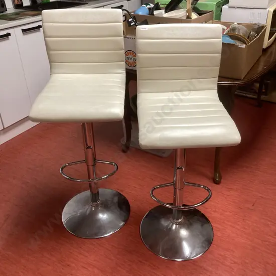 Pair of Cream PU Leather Gaslift Barstools (As Found Condition)
