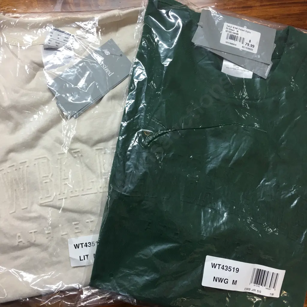 New Balance Linen Colour & Dark Green Embossed Tee Shirts, Size Med Image 1++