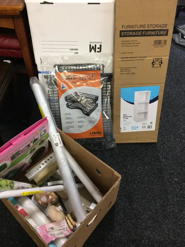 Box lot Cutting Mat, Posters Etc Mia Bookcase 3 Tier FP, Archive Boxes & Bic Tray Image 1++